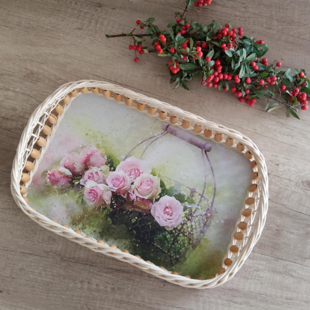 Dikdörtgen Tabanı Çiçekli Açık Kahve Boncuklu Servis Tepsisi