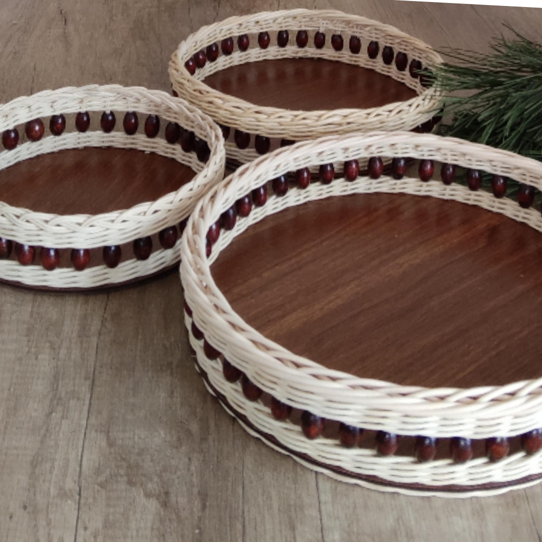 3lü Kagverengi Boncuklu Çok Amaçlı Yuvarlak Sepet